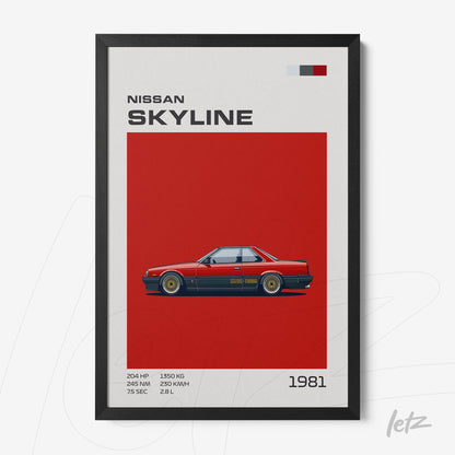 quadro com ilustração minimalista do carro Nissan Skyline de 1981 em moldura preta, fundo vermelho e detalhes de especificações técnicas