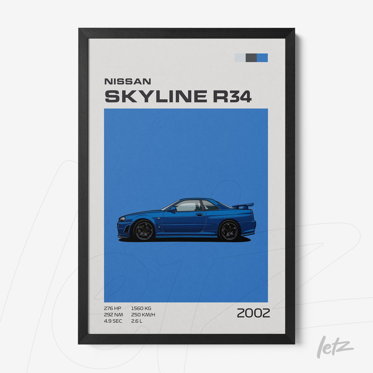 quadro com ilustração digital do carro Nissan Skyline R34 em fundo azul com moldura preta