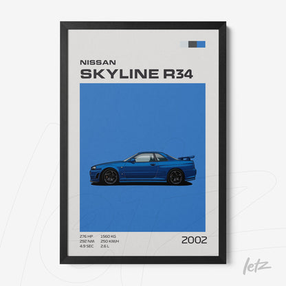 quadro com ilustração digital do carro Nissan Skyline R34 em fundo azul com moldura preta