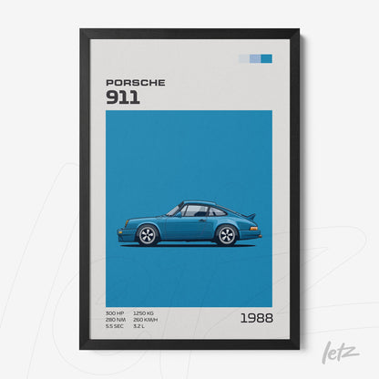 quadro com ilustração do Porsche 911 em fundo azul e moldura preta