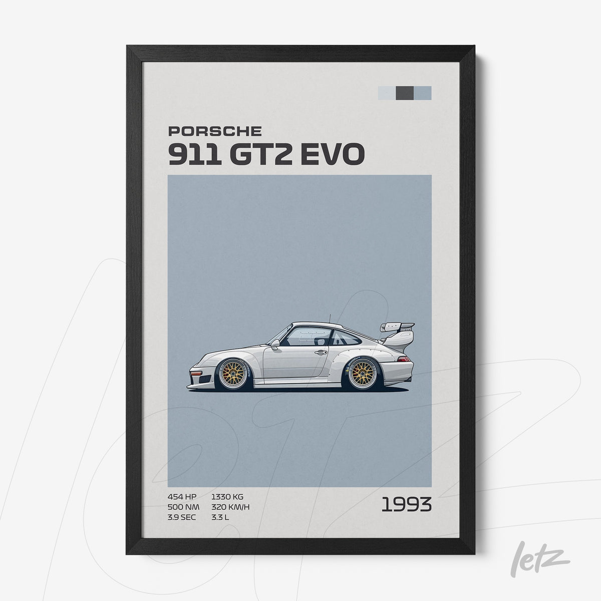 quadro com ilustração do Porsche 911 GT2 EVO em moldura preta, apresentando detalhes técnicos em fundo azul claro