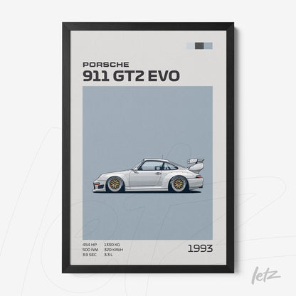 quadro com ilustração do Porsche 911 GT2 EVO em moldura preta, apresentando detalhes técnicos em fundo azul claro
