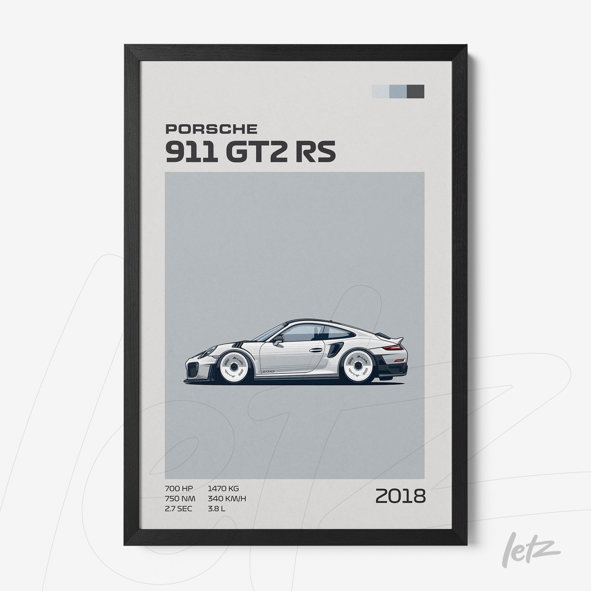 quadro com ilustração minimalista do carro Porsche 911 GT2 RS em moldura preta