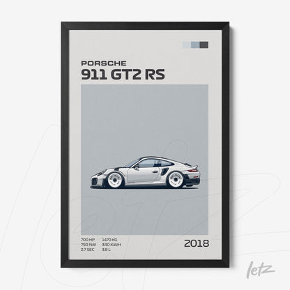 quadro com ilustração minimalista do carro Porsche 911 GT2 RS em moldura preta