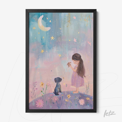 quadro com arte digital de uma menina com vestido lilás e um cachorro em fundo suave com estrelas e flores