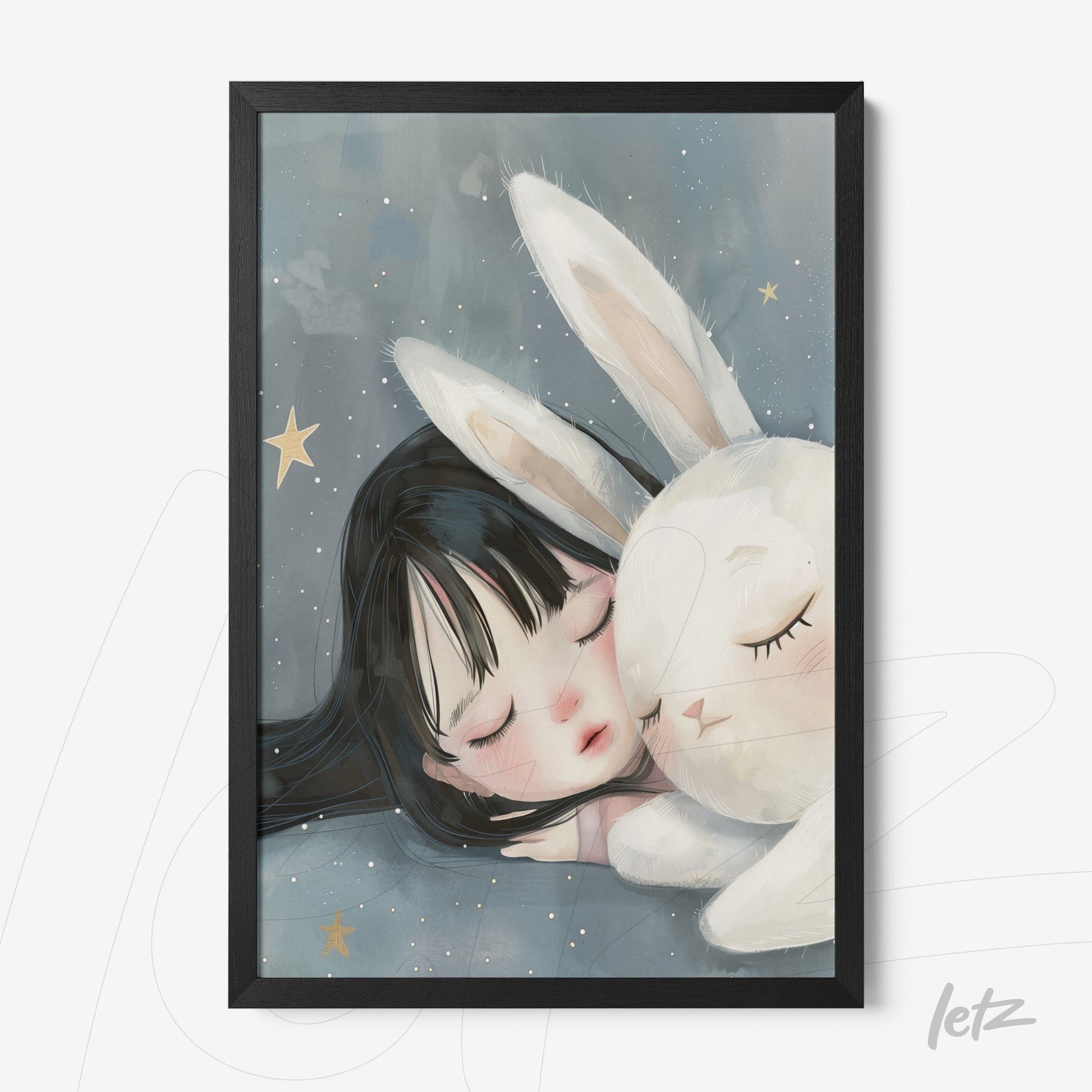 quadro com ilustração de menina dormindo ao lado de coelho branco, com fundo azul escuro e detalhes em estrelas douradas