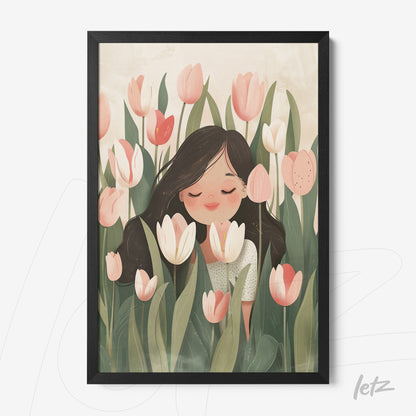 quadro com ilustração de uma jovem sorridente cercada por flores tulipas em um fundo suave