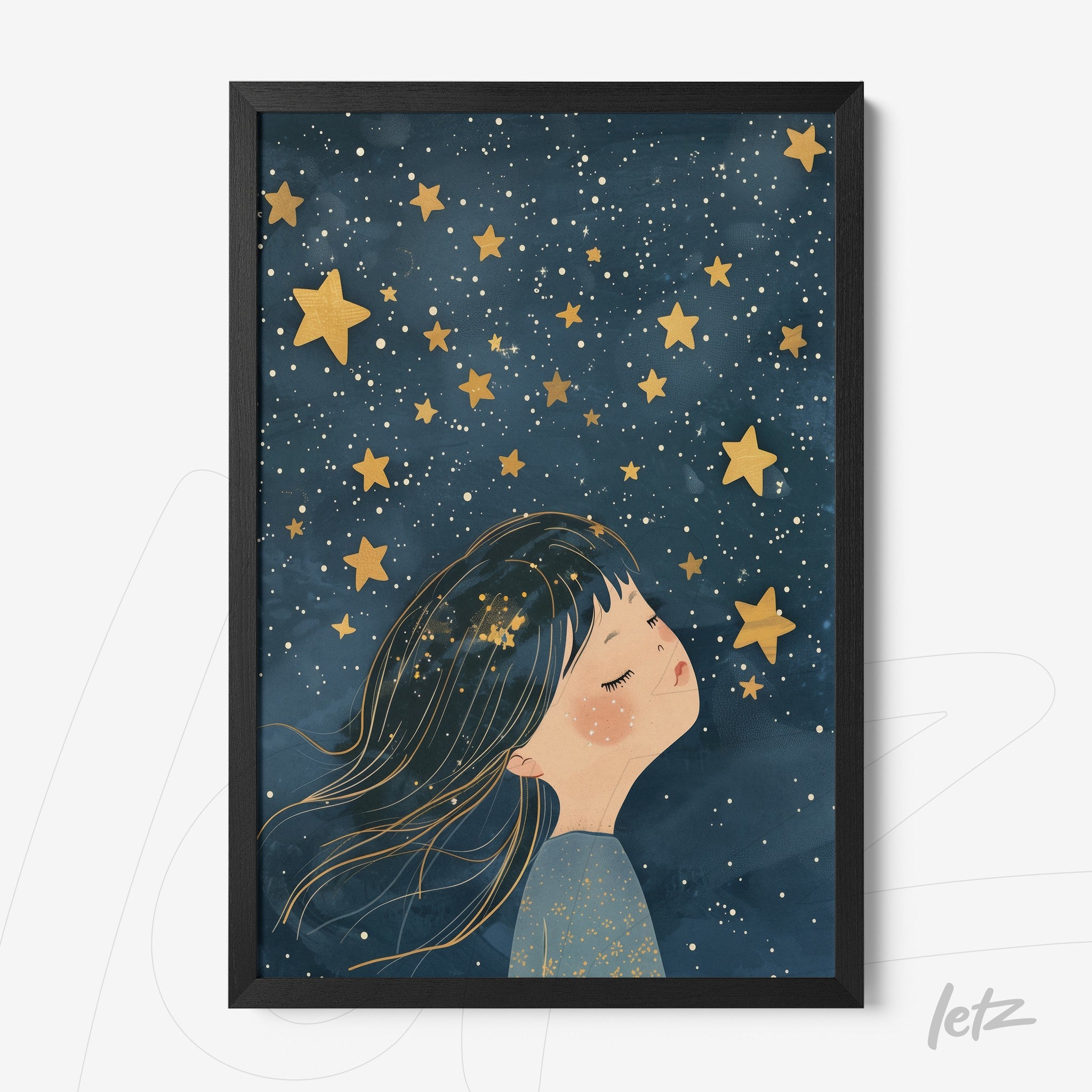 quadro com ilustração de menina olhando para o céu estrelado com fundo azul e estrelas douradas em moldura preta