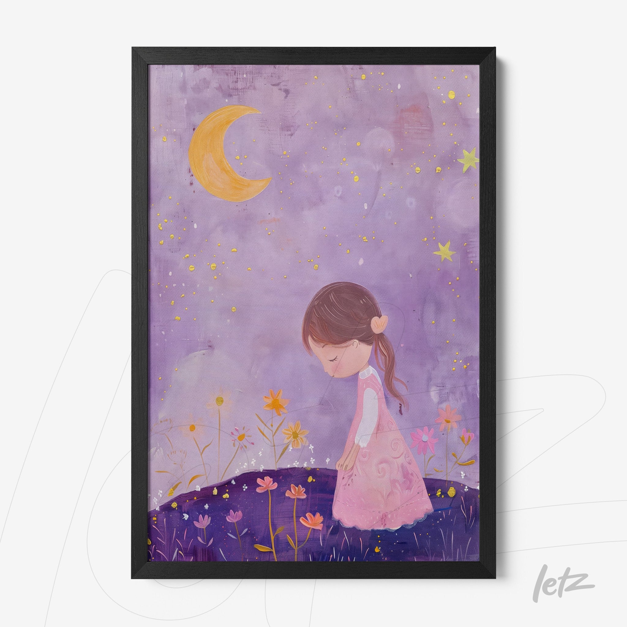 quadro com arte infantil de menina com vestido rosa em cenário noturno com lua e flores coloridas em moldura preta