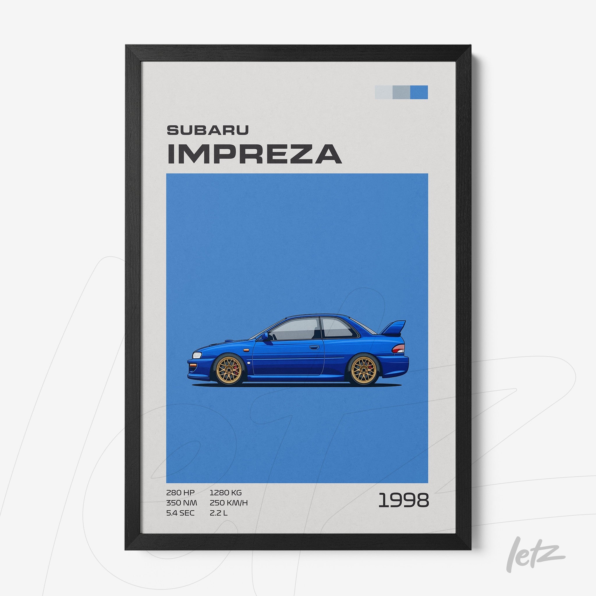 quadro com ilustração de carro Subaru Impreza azul em moldura preta, fundo sólido azul