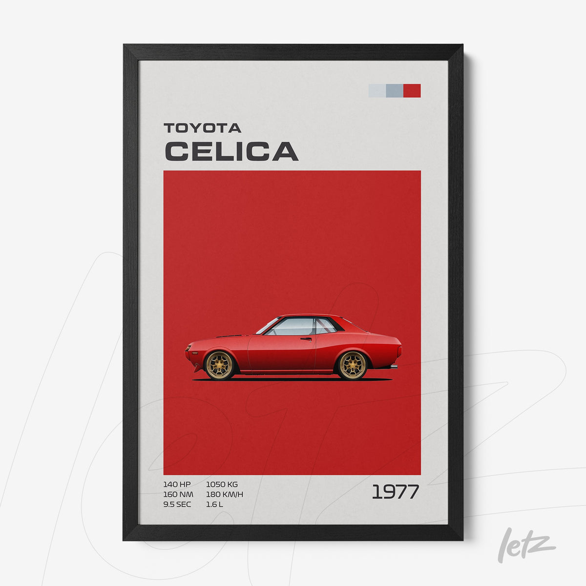 quadro com arte retrô do carro Toyota Celica de 1977 em fundo vermelho com moldura preta
