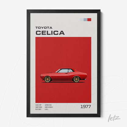 quadro com arte retrô do carro Toyota Celica de 1977 em fundo vermelho com moldura preta