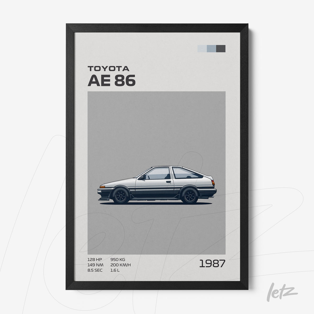 quadro com arte gráfica do carro Toyota AE 86 em moldura preta, apresentando fundo cinza e detalhes técnicos sobre o veículo