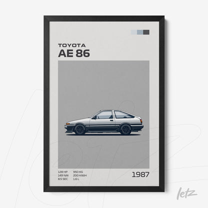quadro com arte gráfica do carro Toyota AE 86 em moldura preta, apresentando fundo cinza e detalhes técnicos sobre o veículo