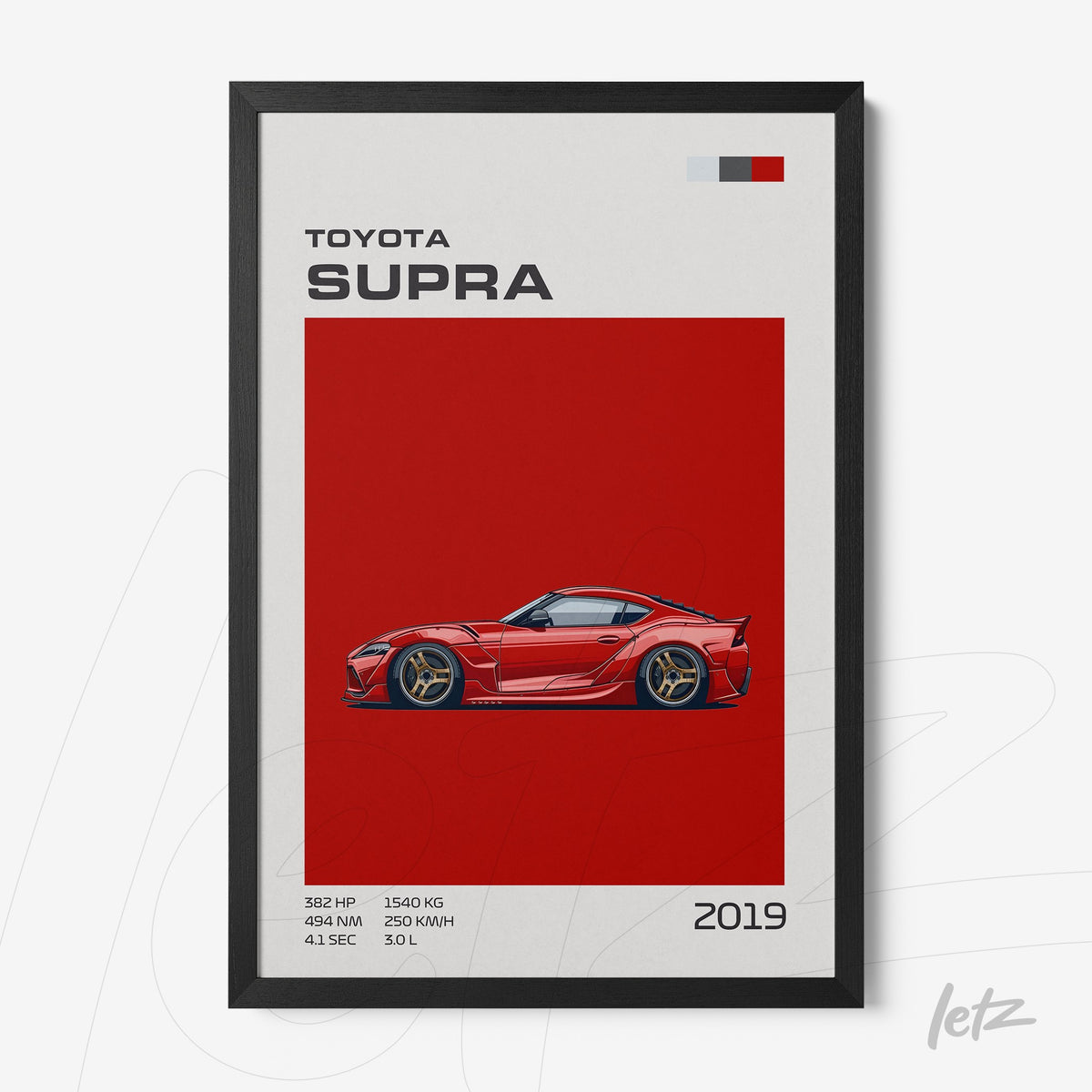 quadro com ilustração do carro Toyota Supra 2019 em fundo vermelho com moldura preta