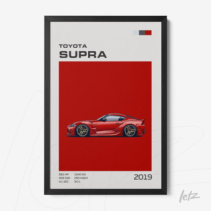 quadro com ilustração do carro Toyota Supra 2019 em fundo vermelho com moldura preta