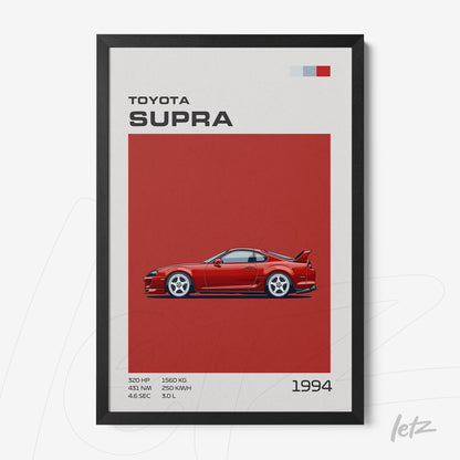 quadro com arte digital de um carro Toyota Supra vermelho de 1994, com moldura preta e fundo vermelho sólido