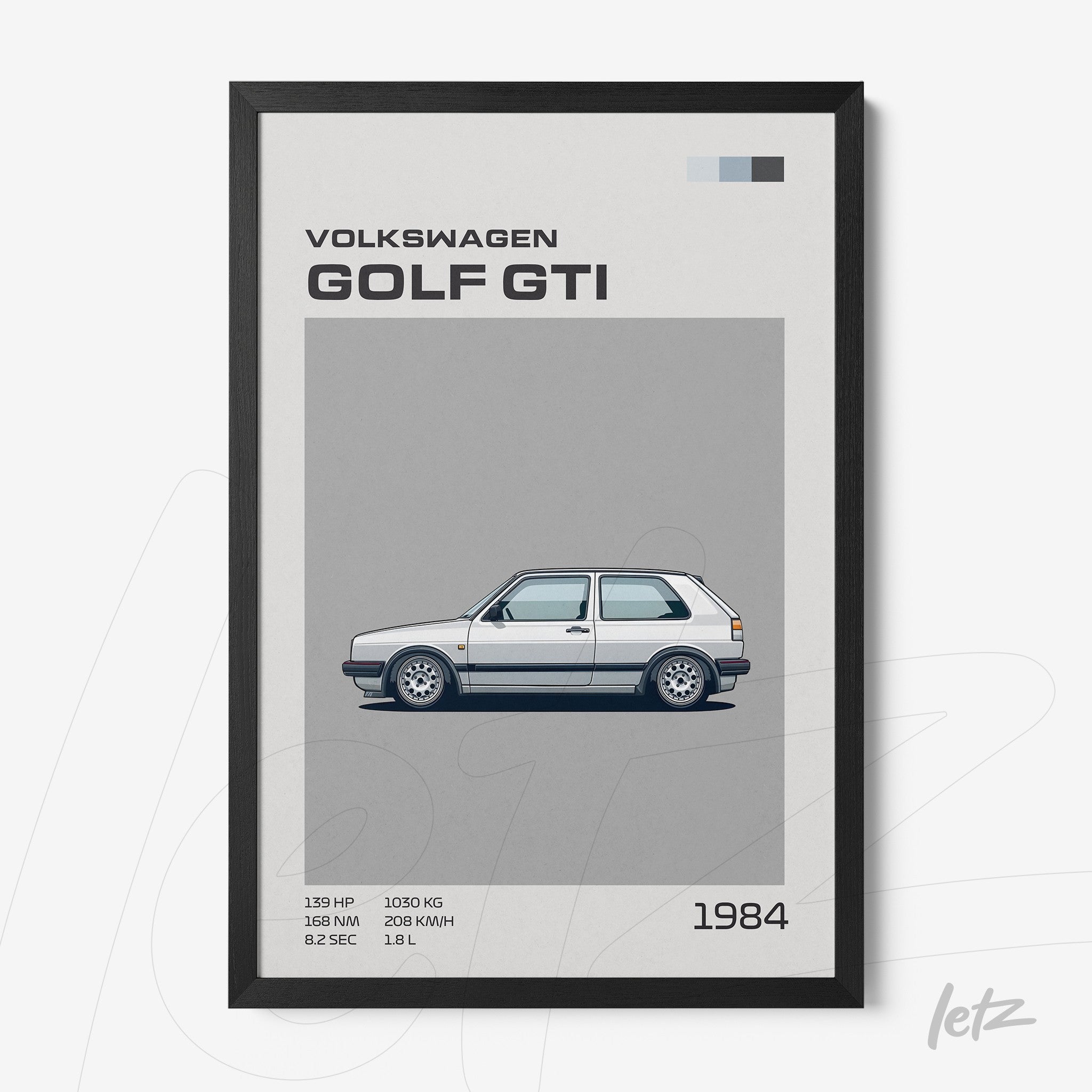 quadro emoldurado com ilustração minimalista do Volkswagen Golf GTI de 1984 em fundo cinza