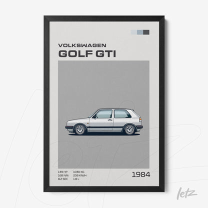 quadro emoldurado com ilustração minimalista do Volkswagen Golf GTI de 1984 em fundo cinza