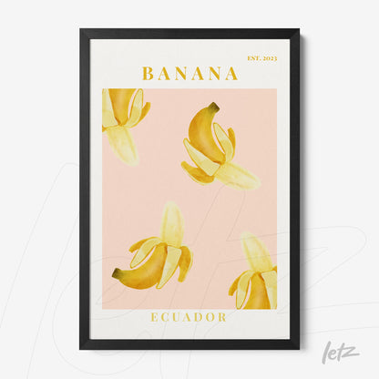 quadro com arte gráfica de bananas sobre fundo rosa, moldura preta