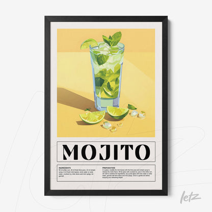 quadro com arte digital de drink mojito em moldura preta, com fundo amarelo e limões fatiados ao redor do copo