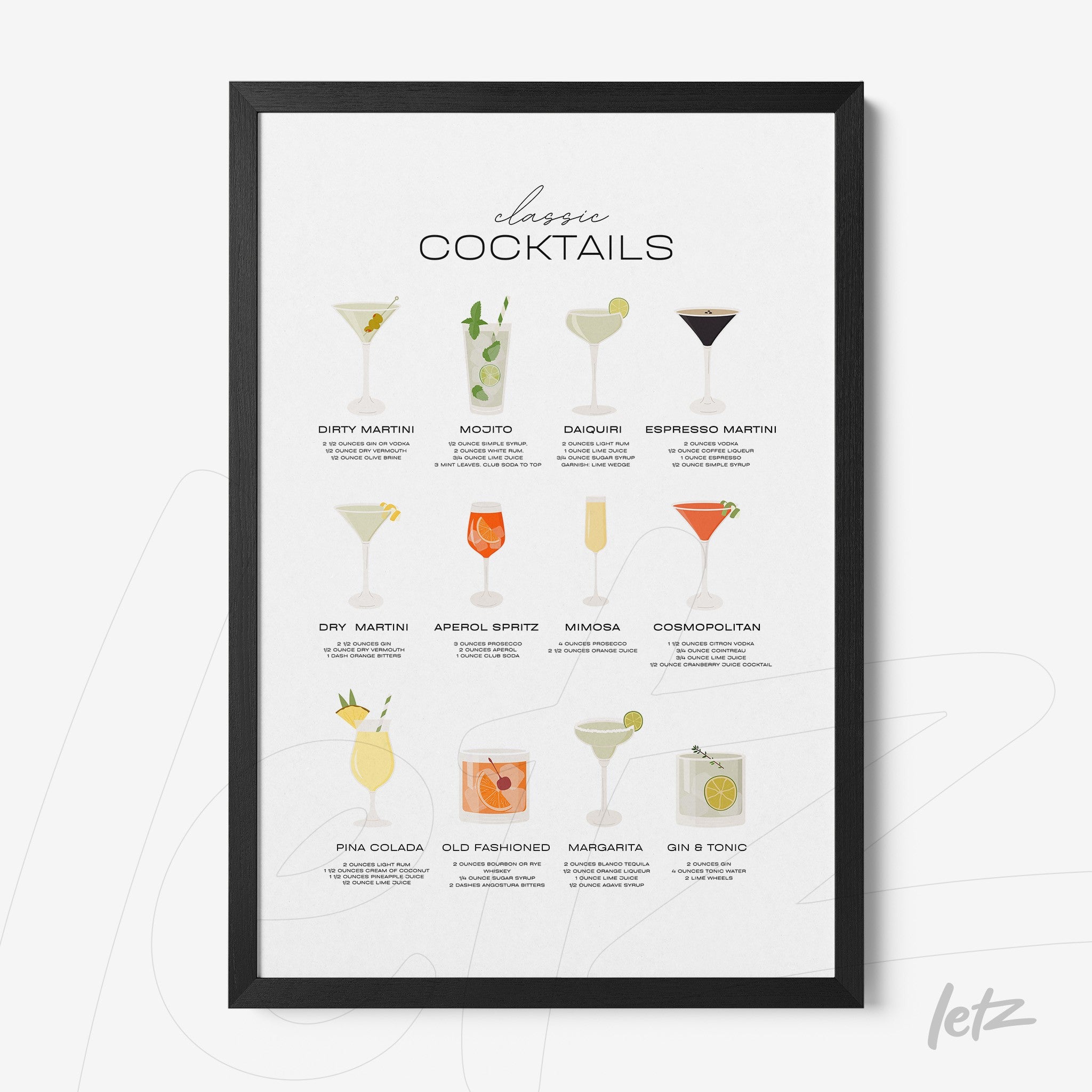 quadro com ilustrações de drinks clássicos em moldura preta, exibindo nove coquetéis em fundo claro