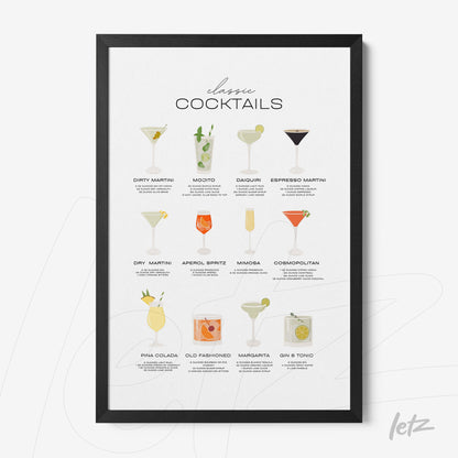 quadro com ilustrações de drinks clássicos em moldura preta, exibindo nove coquetéis em fundo claro
