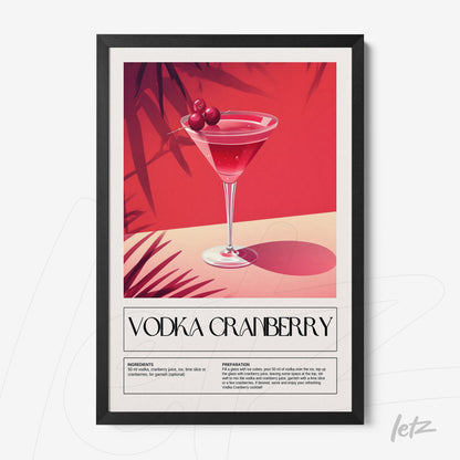 quadro com arte de coquetel vodka cranberry em moldura preta, fundo vermelho vibrante e detalhes de plantas