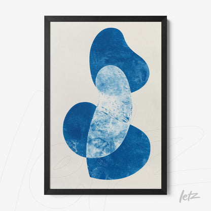 quadro com composição abstrata em azul em moldura preta fina
