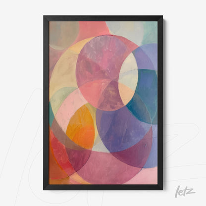 quadro com arte abstrata utilizando formas circulares em tons pastéis, com moldura preta