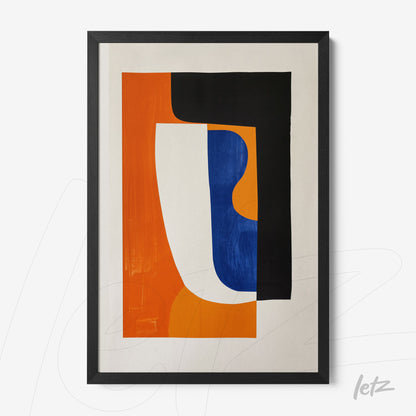 quadro com arte abstrata em tons de laranja, azul e preto com moldura preta