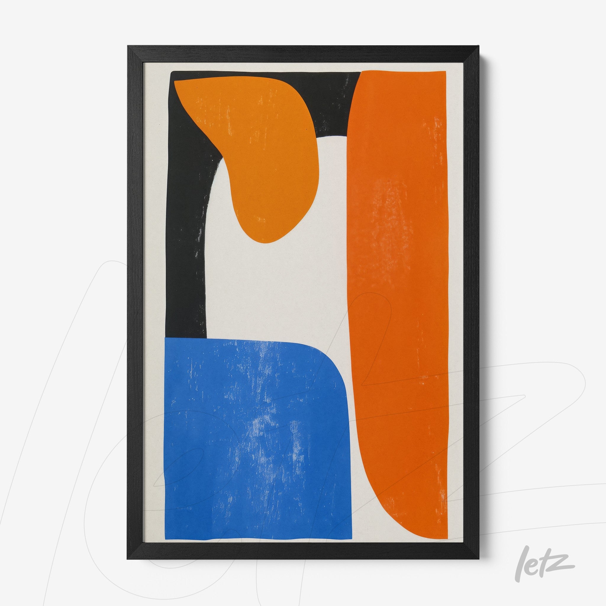 quadro com arte abstrata em tons de laranja, azul e preto em moldura preta