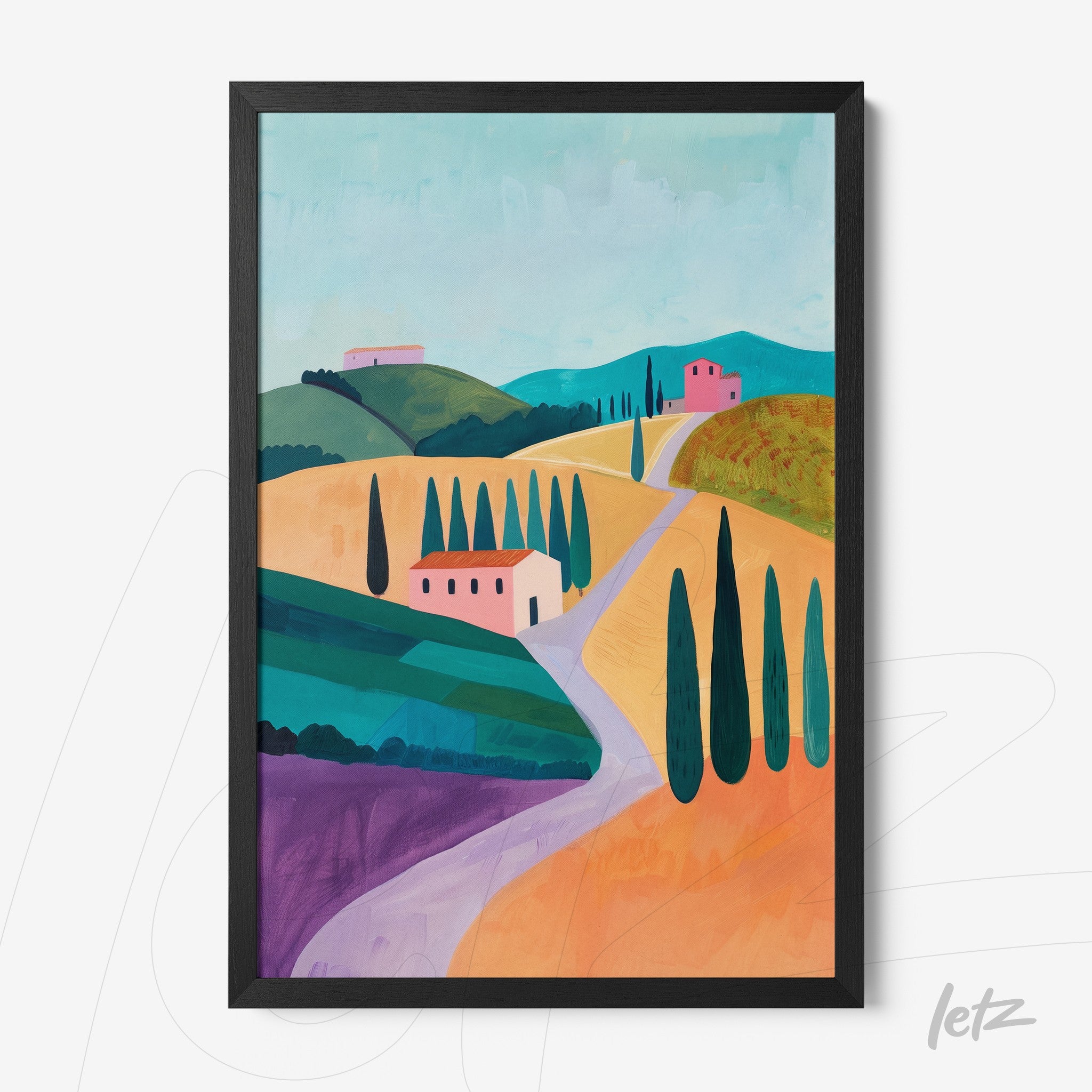 quadro com paisagem campestre apresentando campos amarelos e colinas verdejantes, moldura preta