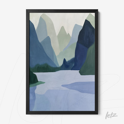 quadro com arte moderna de uma paisagem montanhosa em tonalidades de azul e verde, moldura preta