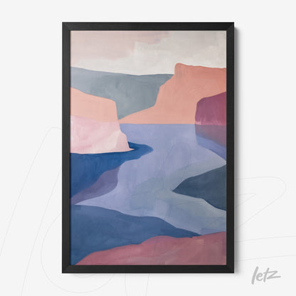 quadro com arte abstrata em tons suaves de rosa e azul, representando uma paisagem com montanhas e um corpo d'água, dentro de moldura preta
