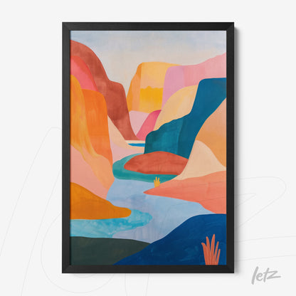 quadro com paisagem abstrata de canyon em cores vibrantes e moldura preta