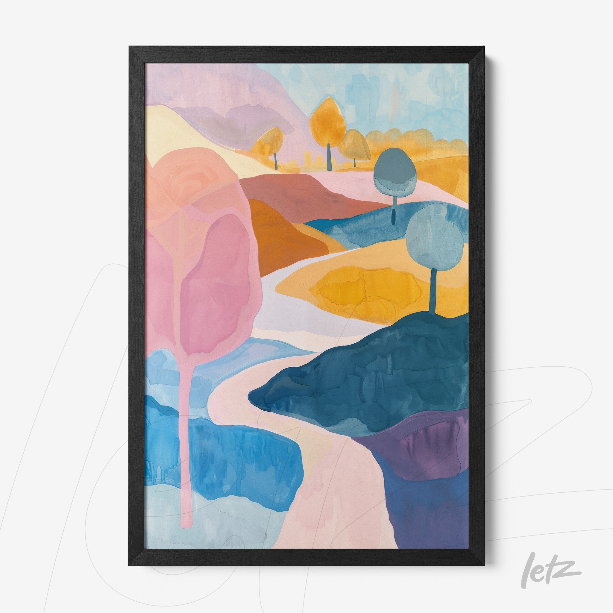 quadro com arte abstrata de paisagem colorida em moldura preta