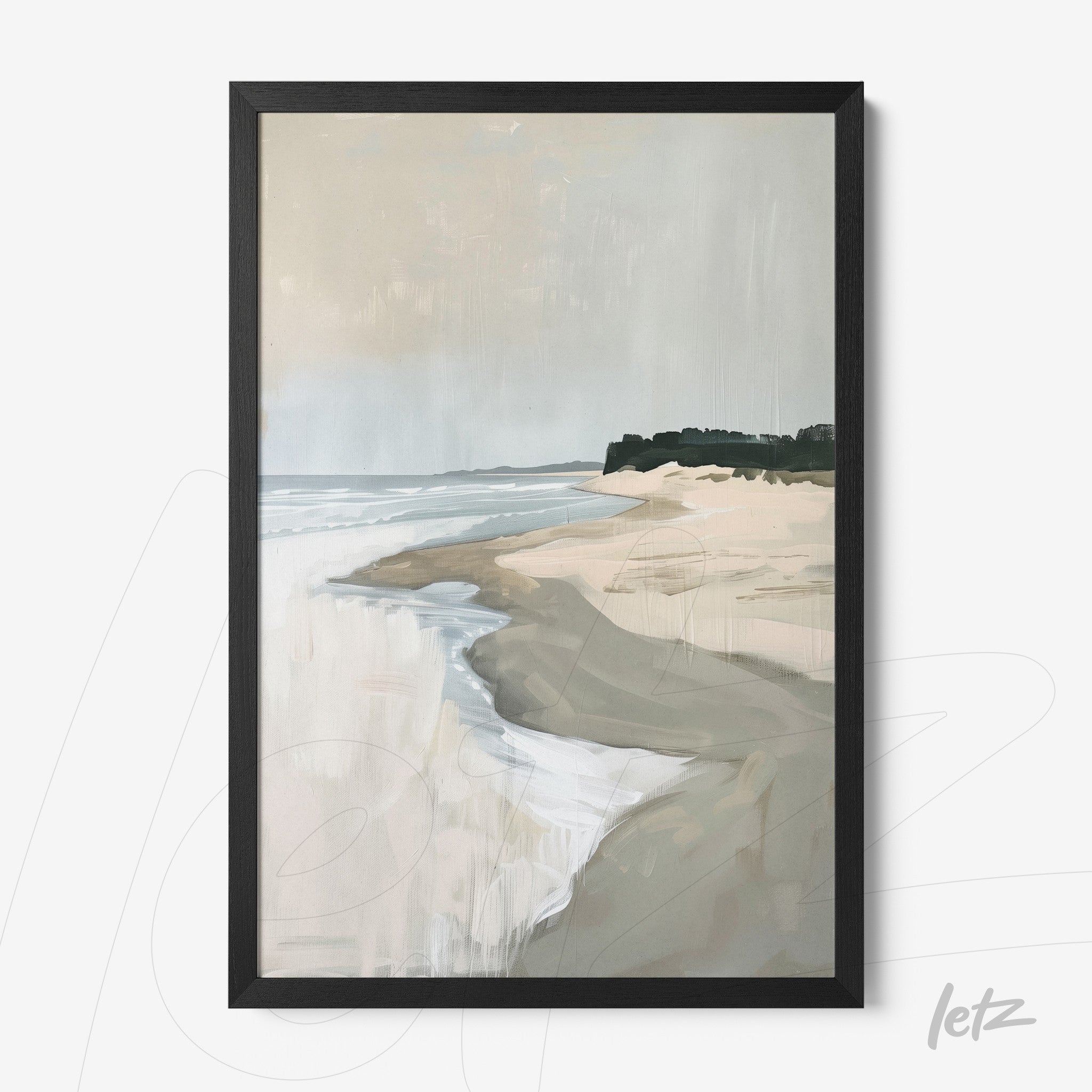 quadro com paisagem de praia representando areia e mar em moldura preta