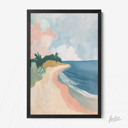 quadro com paisagem abstrata de praia em moldura preta