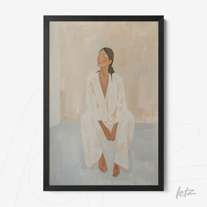 quadro com arte minimalista de mulher sentada em roupas brancas, moldura preta