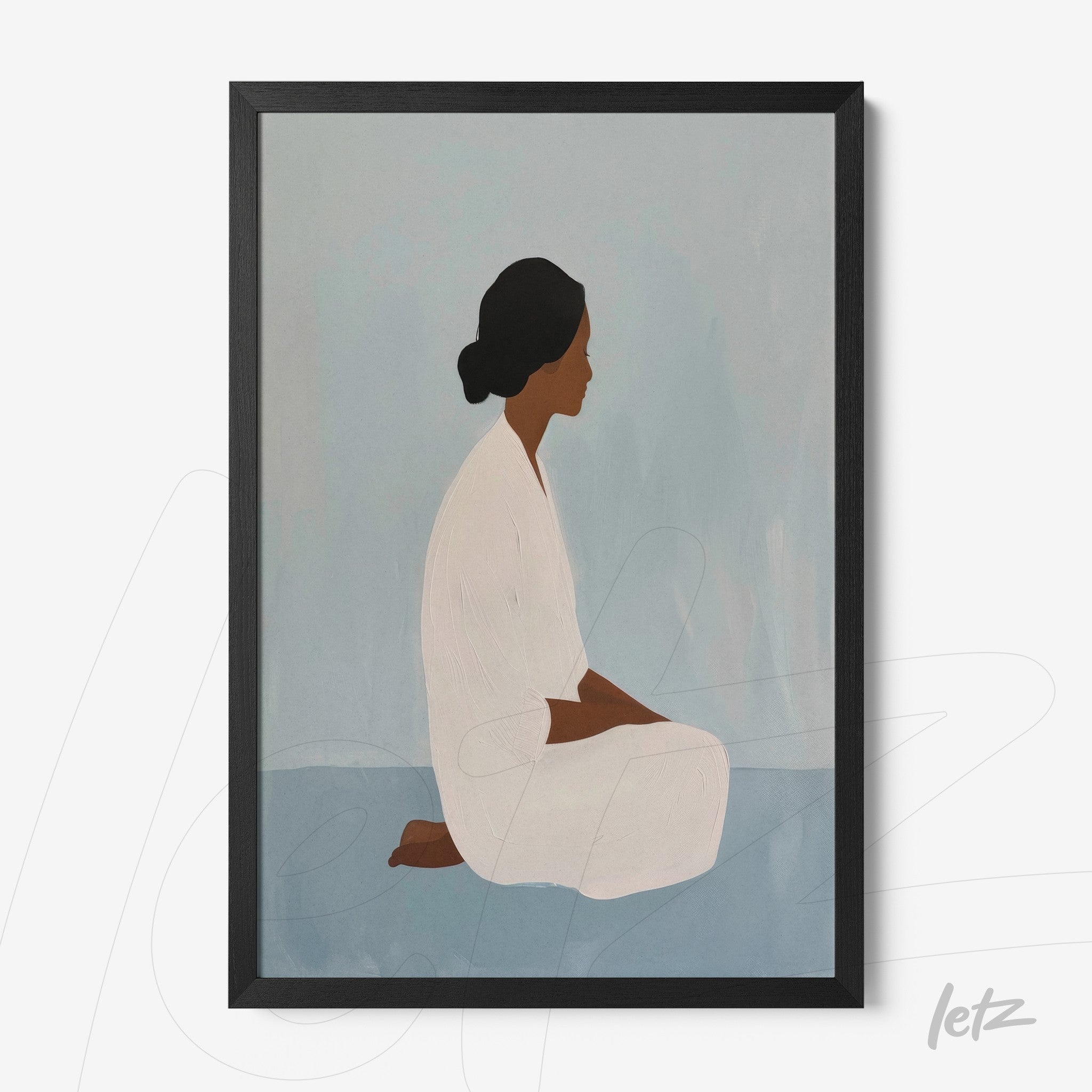 quadro com arte estilizada de mulher sentada em posição de meditação com fundo azul claro e moldura preta