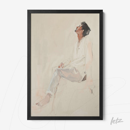 quadro com arte de retrato em aquarela de um homem sentado, moldura preta simples