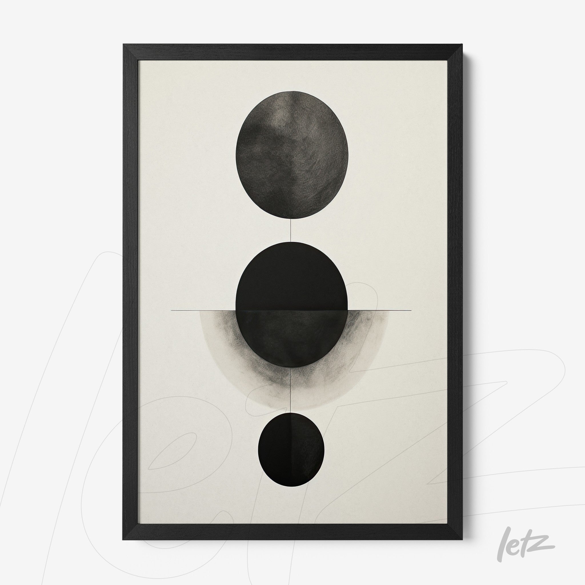 quadro moderno com arte abstrata em preto e branco, destacando círculos em diferentes tamanhos sobre fundo claro, moldura preta