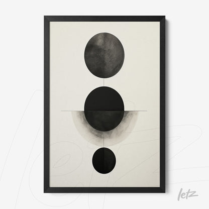 quadro moderno com arte abstrata em preto e branco, destacando círculos em diferentes tamanhos sobre fundo claro, moldura preta