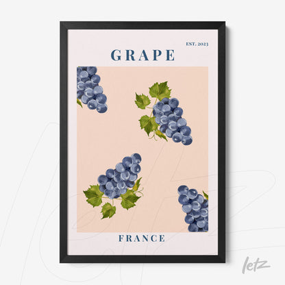 quadro com ilustração de uvas em fundo rosa e moldura preta