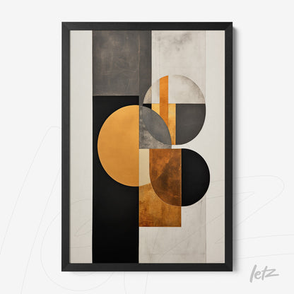 quadro com arte geométrica moderna em tons de preto, cinza e dourado com moldura preta