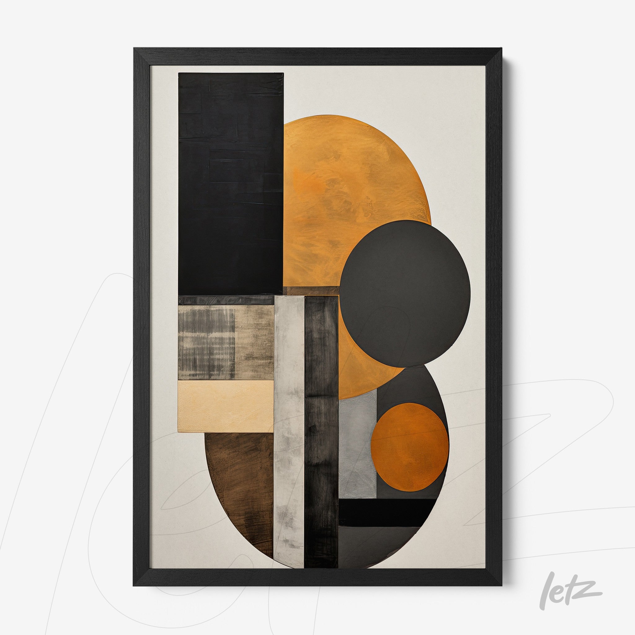 quadro com composição geométrica em tons de laranja, preto e cinza, moldura preta