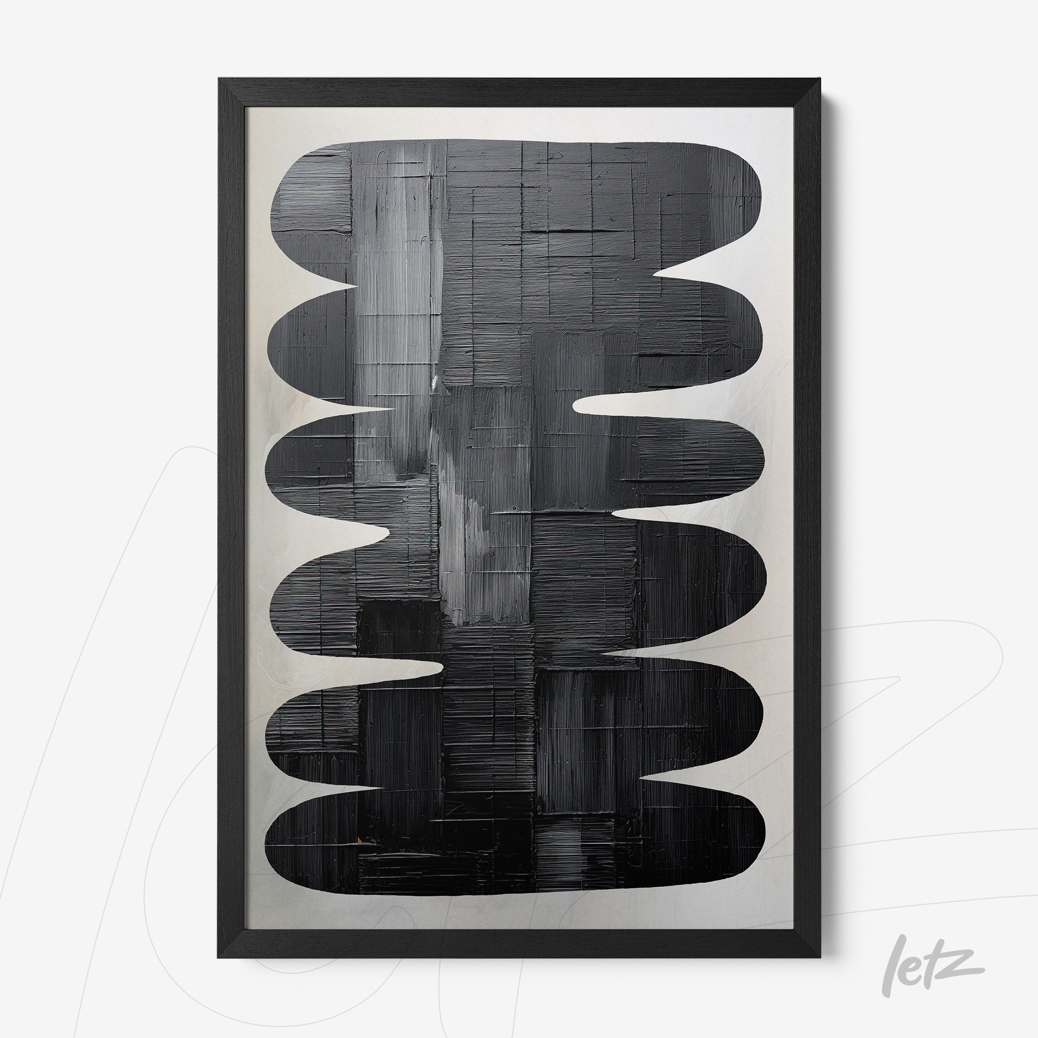 quadro com arte abstrata em tons de preto, com formas orgânicas e moldura preta