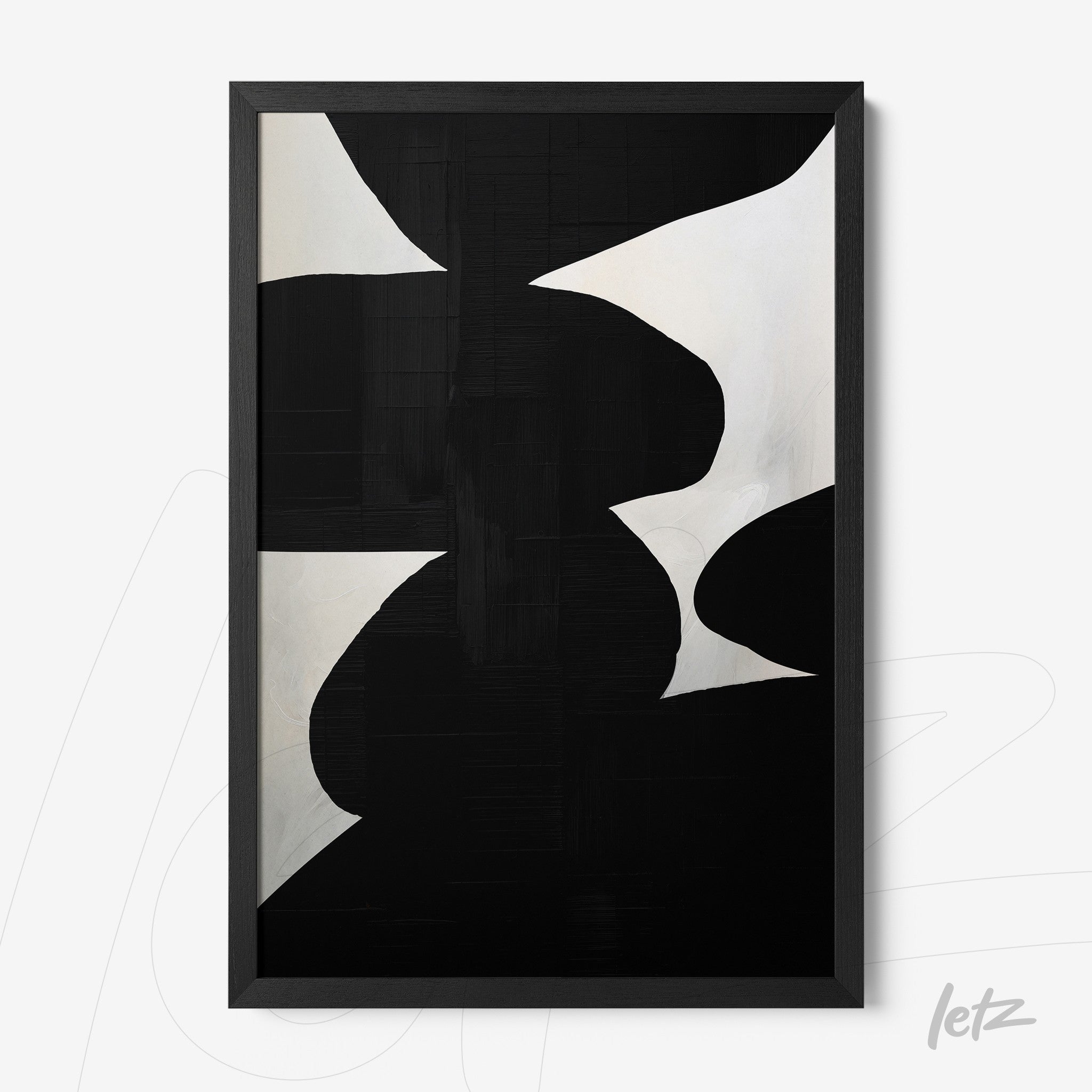 quadro abstracto em preto e branco com formas orgânicas em moldura preta