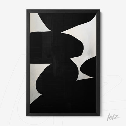 quadro abstracto em preto e branco com formas orgânicas em moldura preta
